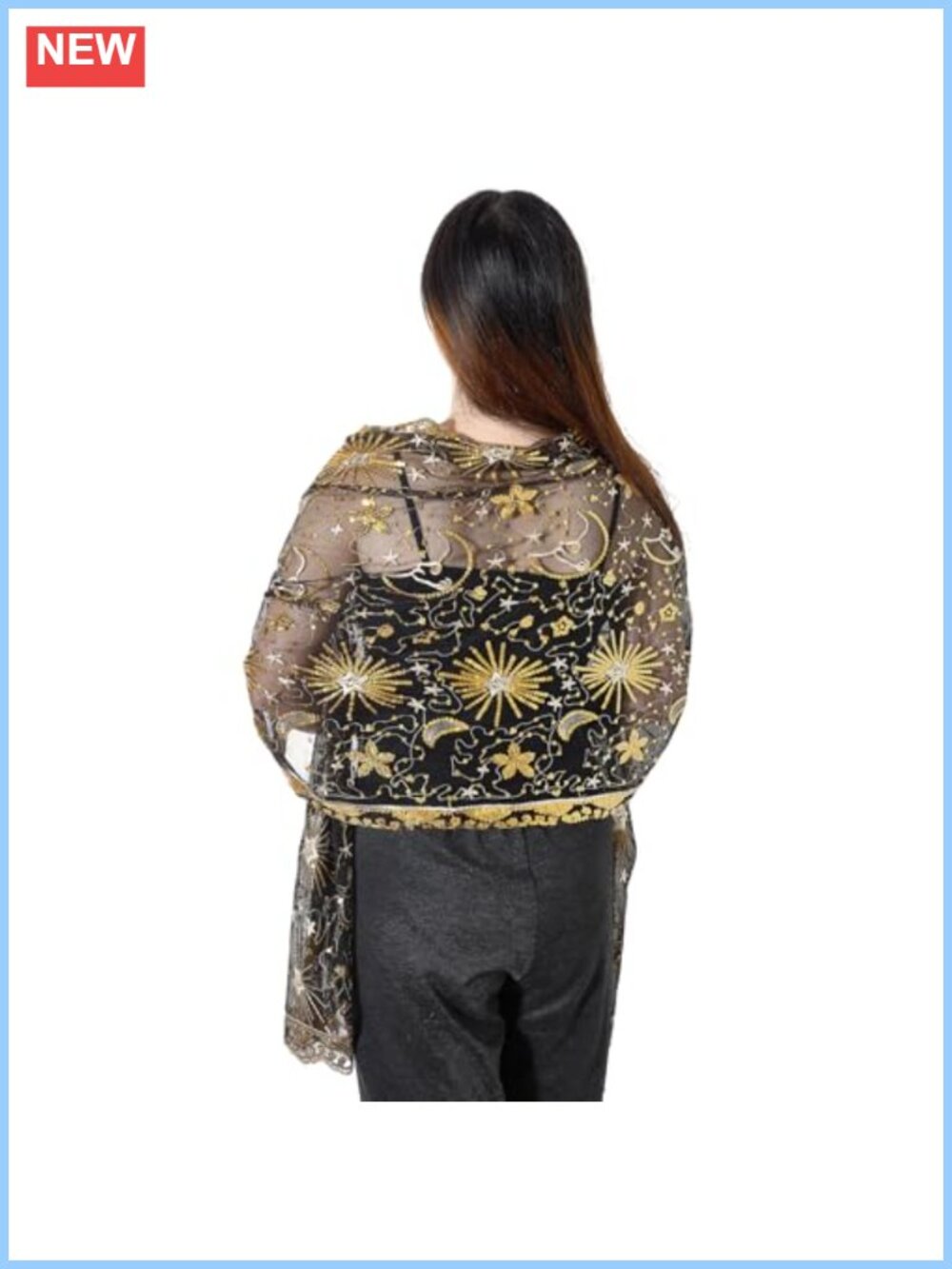 Sequin Star Moon Cape Fringed Sparkly Sheer Mesh Chiffon Shawl Wrap